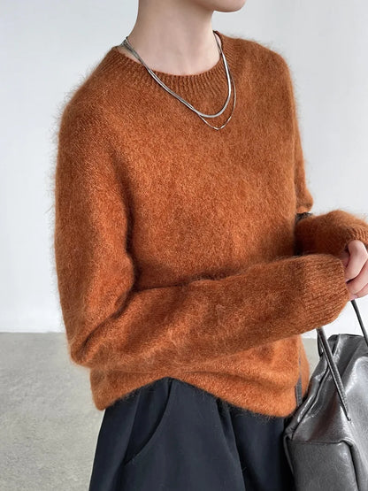 [LANMREM] Dames Fleece Gevoerde Ronde Hals Wollen Gebreide Trui Zachte Pluizige Slim Fit Sfeervolle Pullover Voor Herfst Winter 26E04076