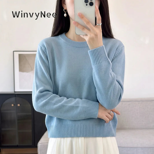 Pull basique fin en maille pour femme à manches longues et col rond