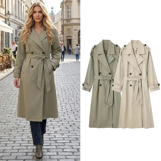 Long trench-coat pour femme à double boutonnage avec ceinture à nouer, manteau classique de mi-saison
