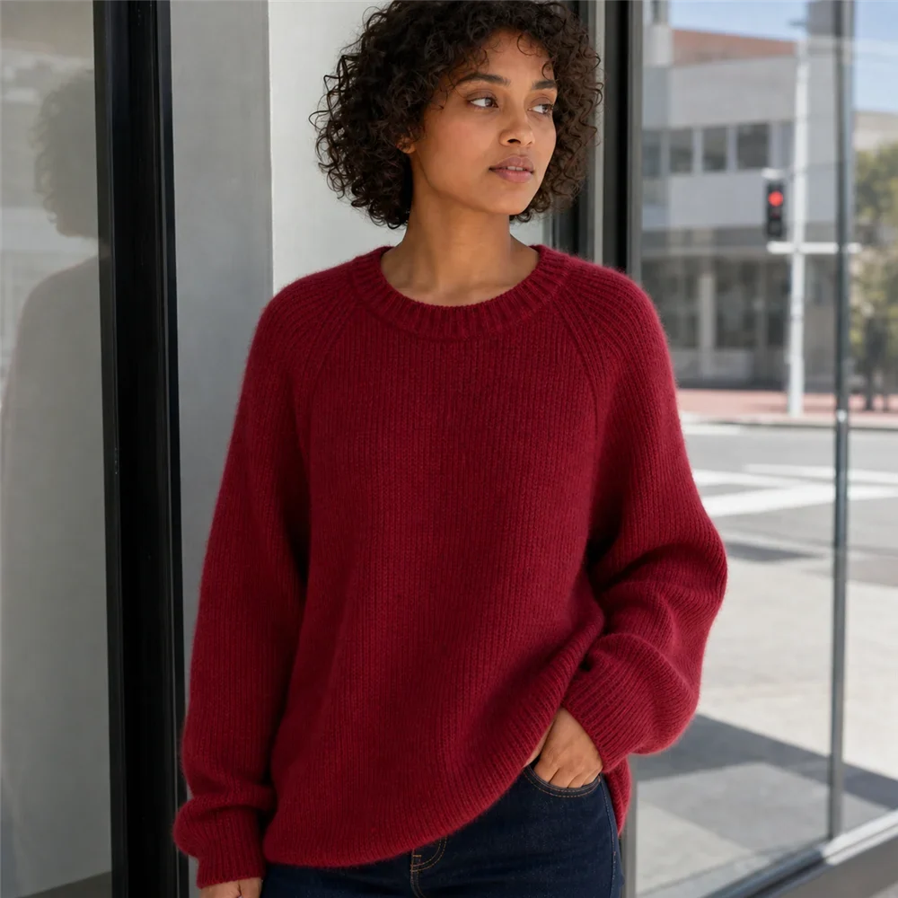 Maglione da donna a girocollo, maniche lunghe, in maglia a coste, giallo