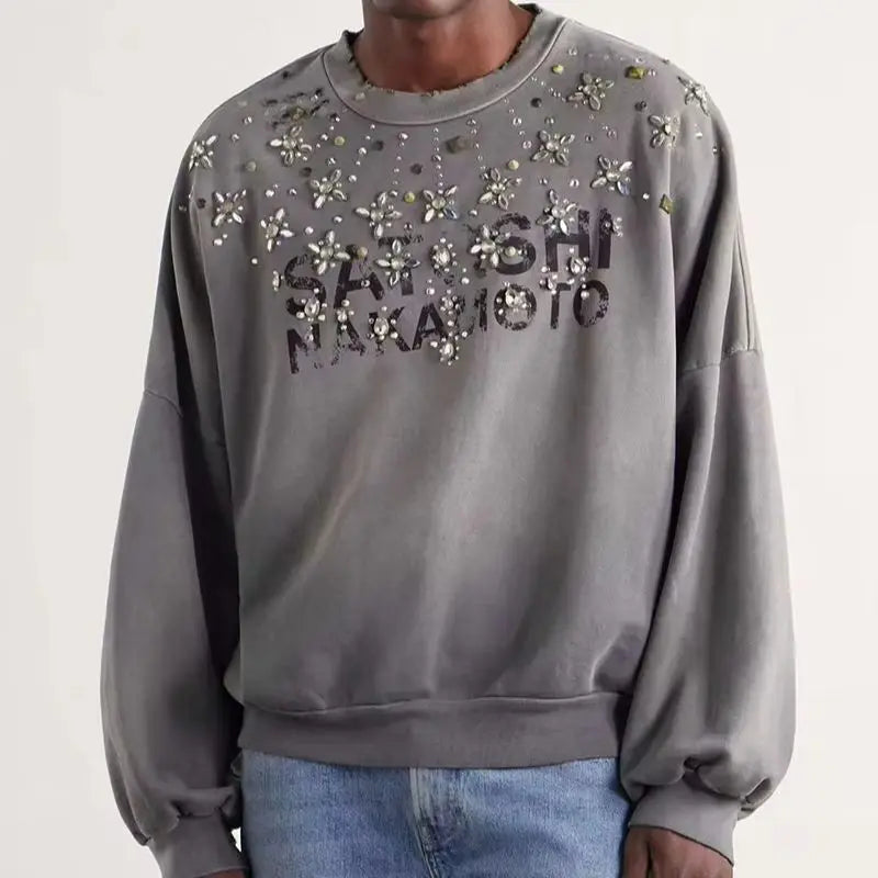Sweatshirt med farveforløb og pyntesten - rund hals og lange ærmer