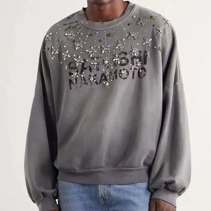Sweatshirt med farveforløb og pyntesten - rund hals og lange ærmer