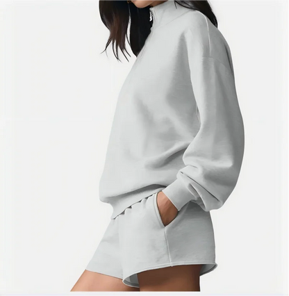 Damen Loungewear Set Hellgrau mit Reißverschluss-Sweatshirt und Shorts