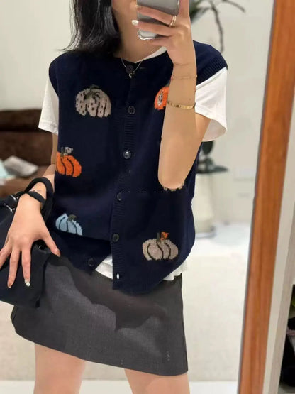 Damen Strickweste mit Kürbis-Motiven, ärmelloser Cardigan mit Knöpfen