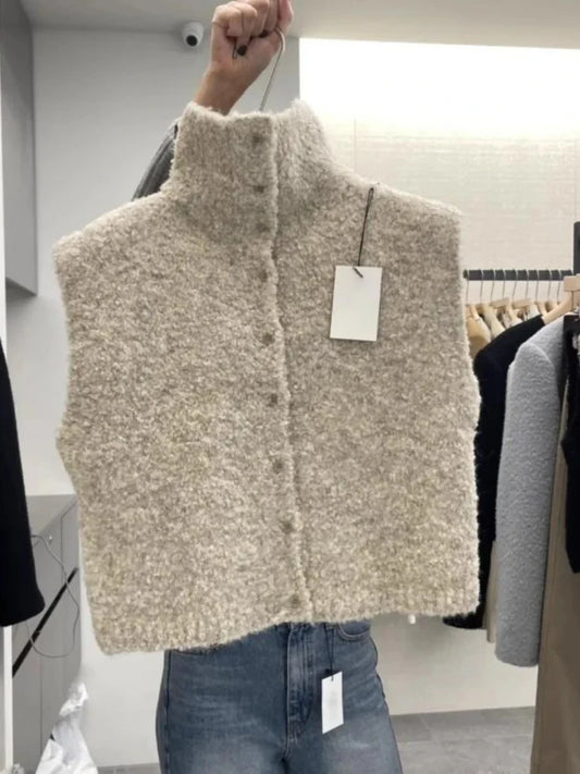 Damen Bouclé Strickweste hochgeschlossen ärmellos Knopfleiste