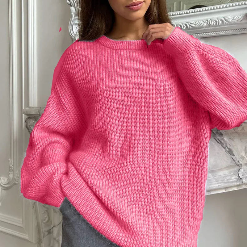 Damen Oversize Strickpullover Rundhals Rippstrick