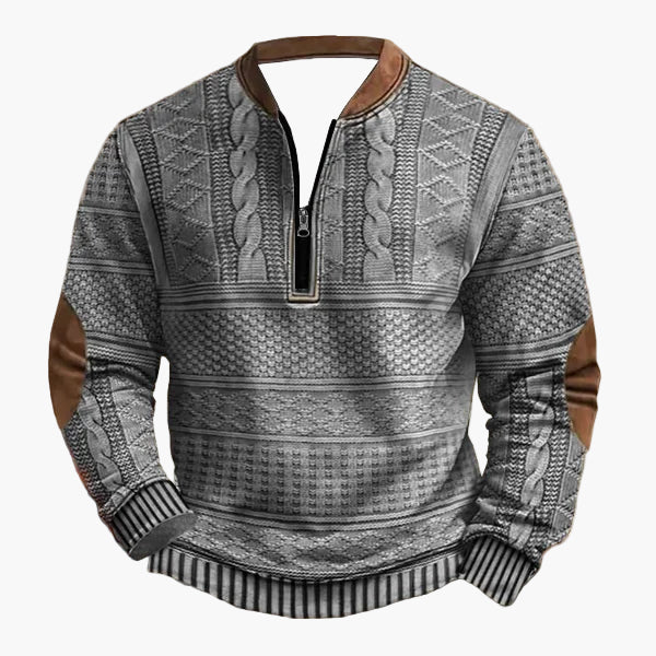 Herre striktrøje med halv lynlås – Moderigtig fritidstrøje i patchwork-look