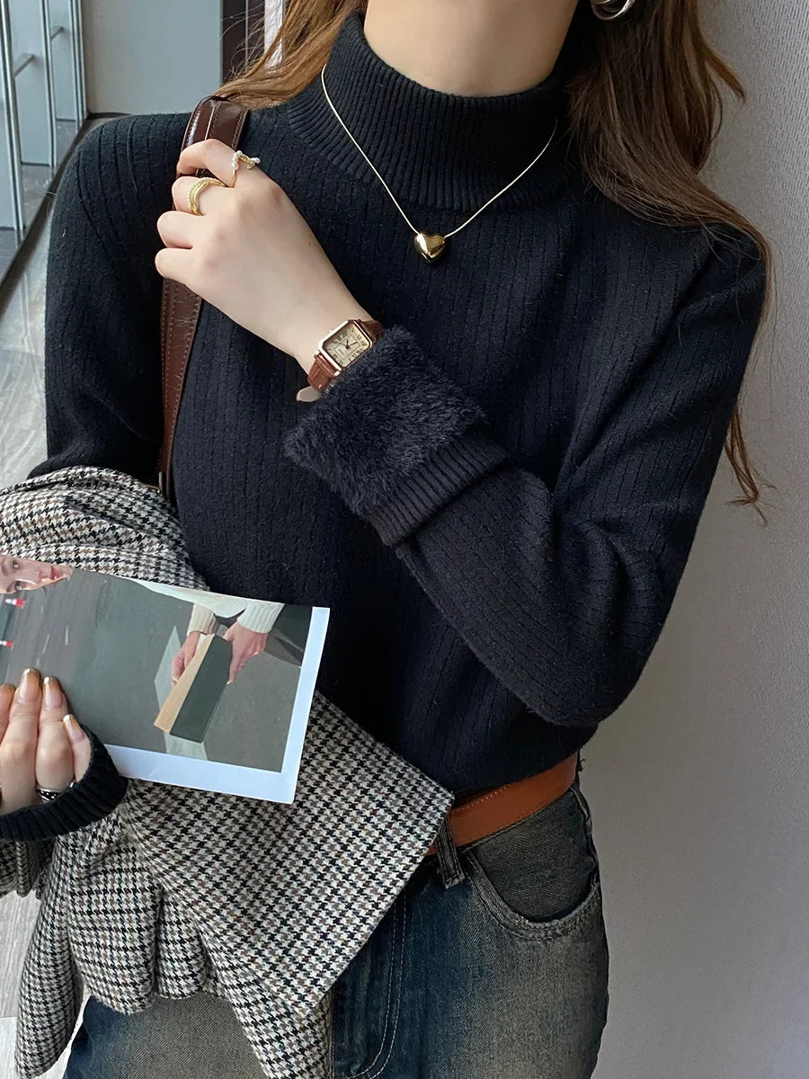 Damen Rollkragenpullover Gerippt mit Plüschärmeln Beige