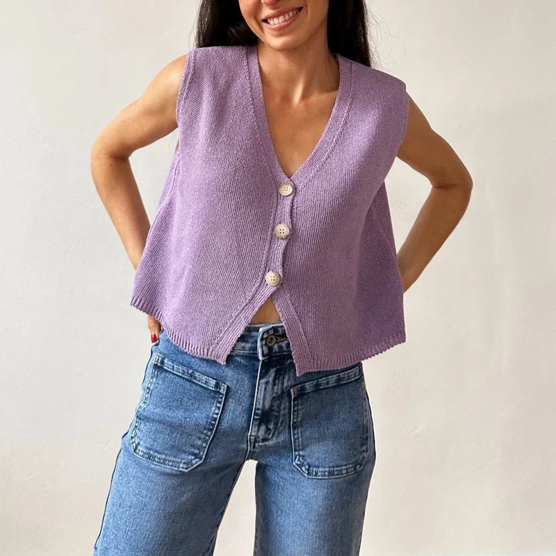 Gilet da donna in maglia con scollo a V e abbottonatura
