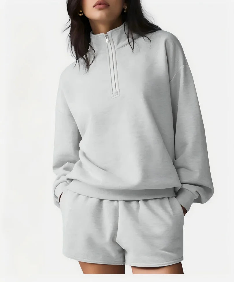 Damen Loungewear Set Hellgrau mit Reißverschluss-Sweatshirt und Shorts