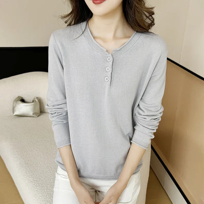 Damen Langarmshirt mit Knopfleiste, V-Ausschnitt, Feinstrick