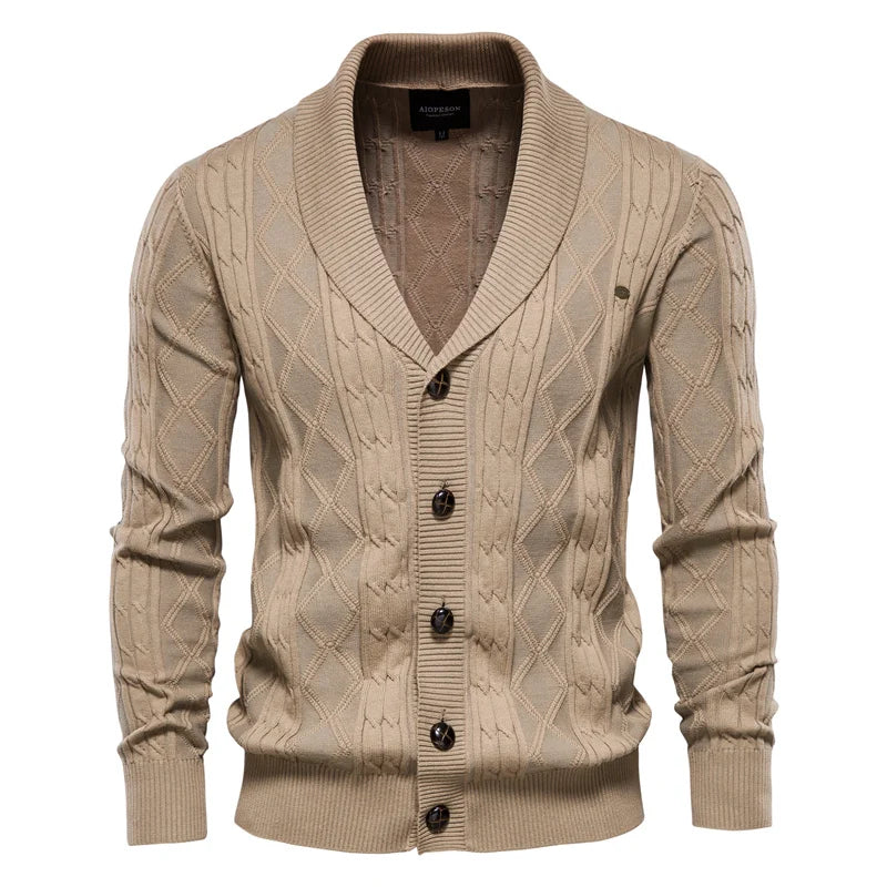 Cardigan da uomo in maglia con collo a scialle e motivo a rombi, abbottonatura e maniche lunghe