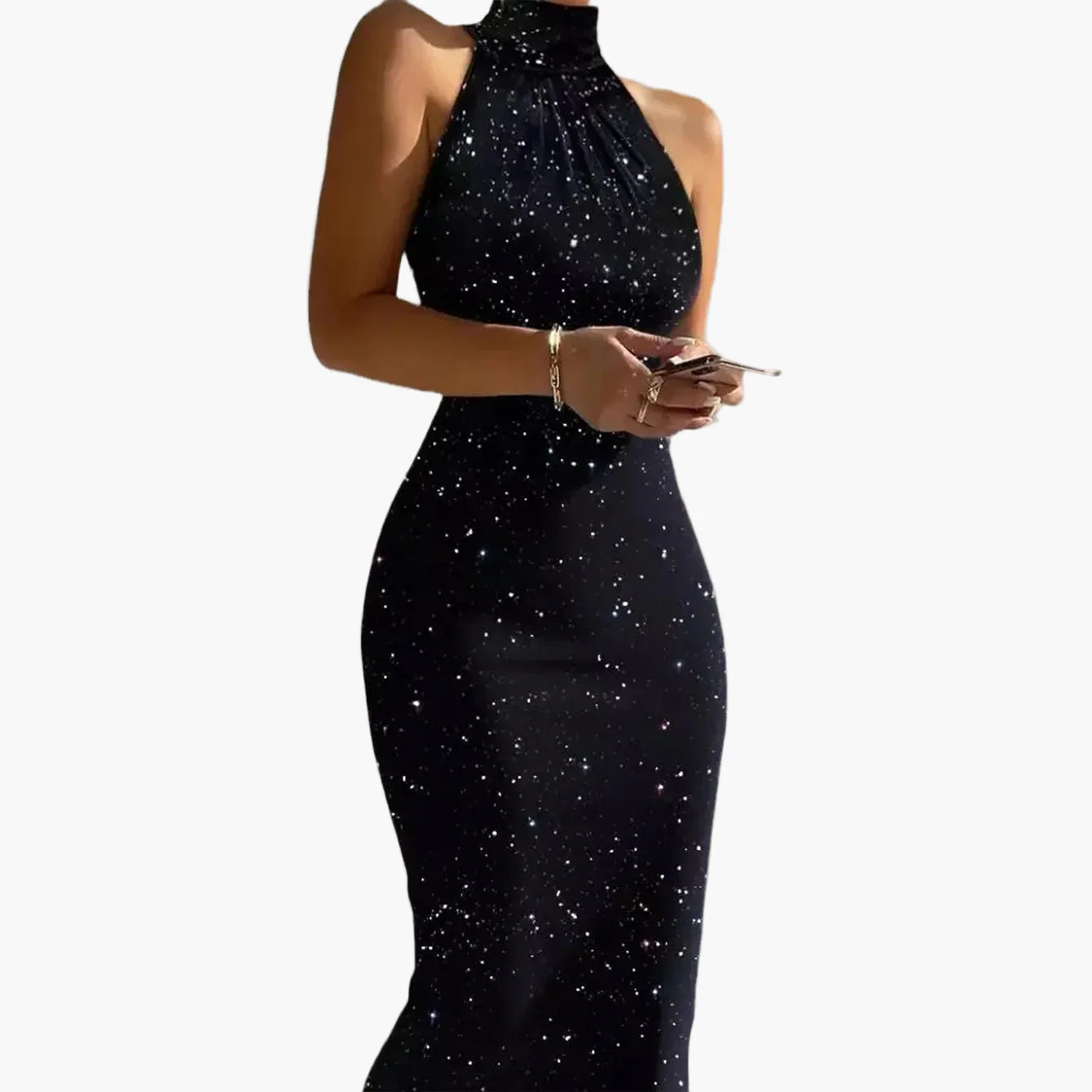 Dames Bodycon Avondjurk met Sterrenpatroon en Opstaande Kraag – Elegante Feestjurk voor bijzondere gelegenheden