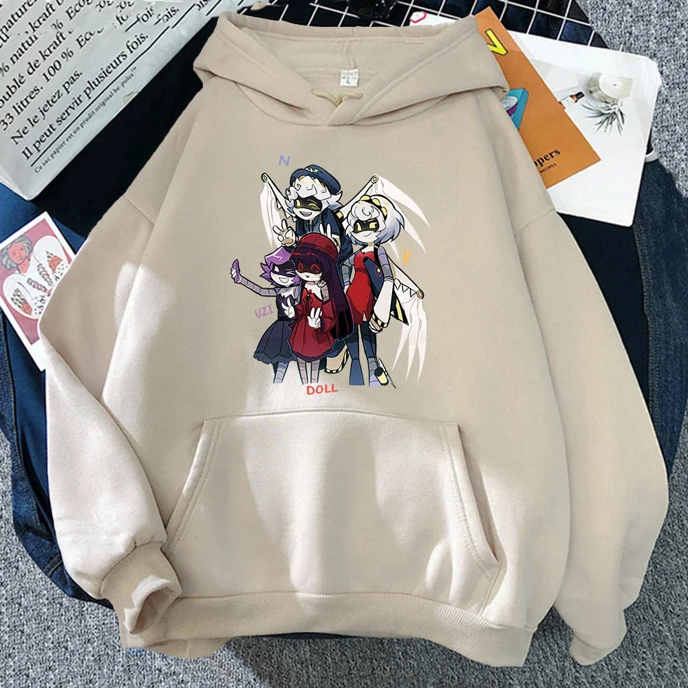 Sudadera unisex con capucha, estampado de personajes y bolsillo canguro