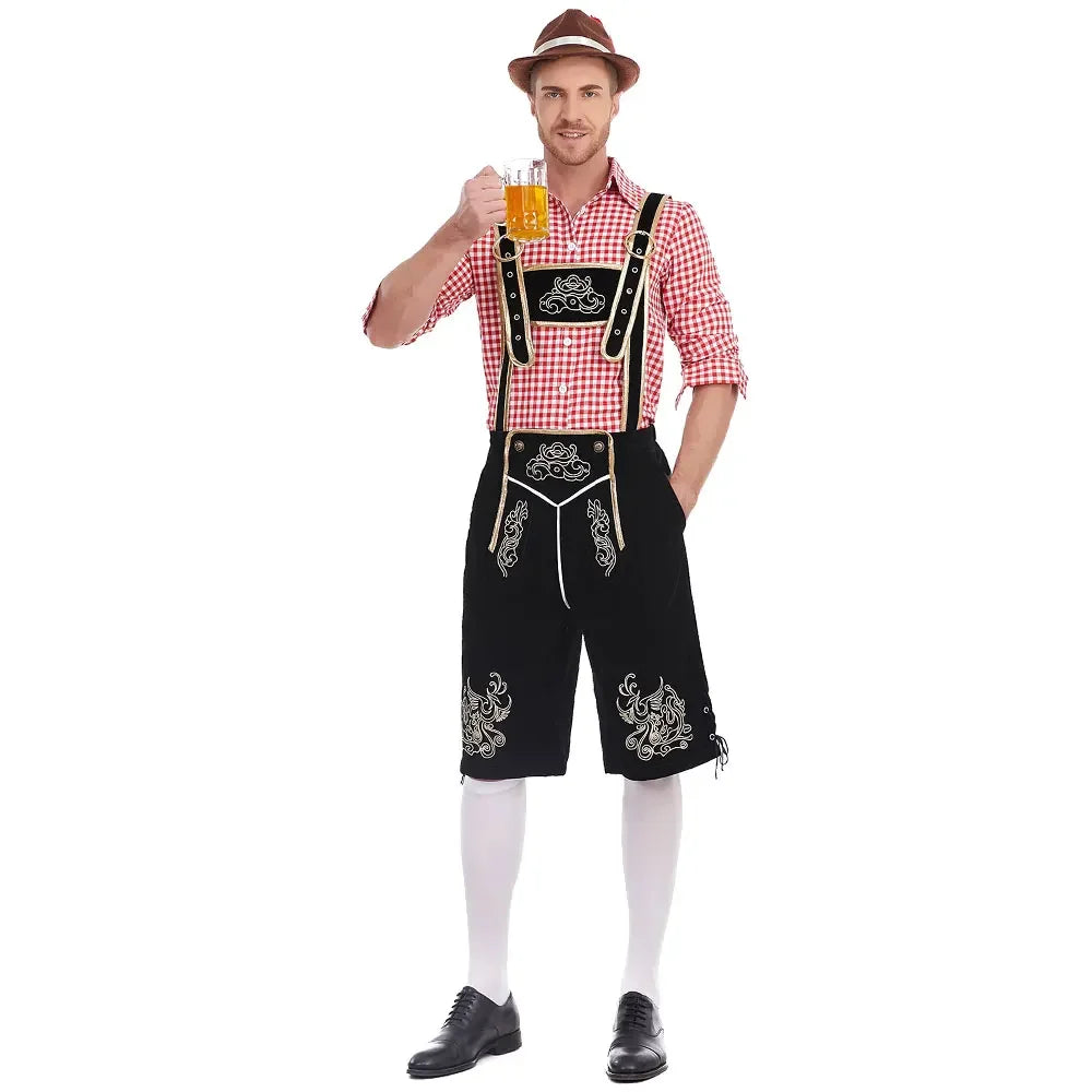 Herren Trachten Lederhose mit Hemd und Hosenträgern Geringeltes Karo-Muster