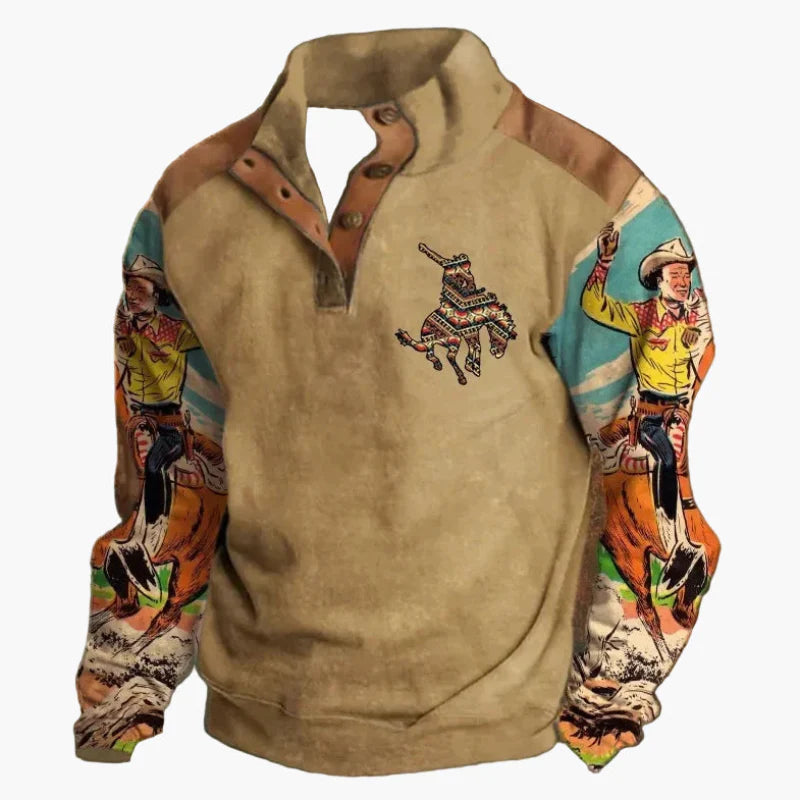 Herre western retro genser med cowboy-trykk – Vintage fritidsmote for utendørs og hverdag
