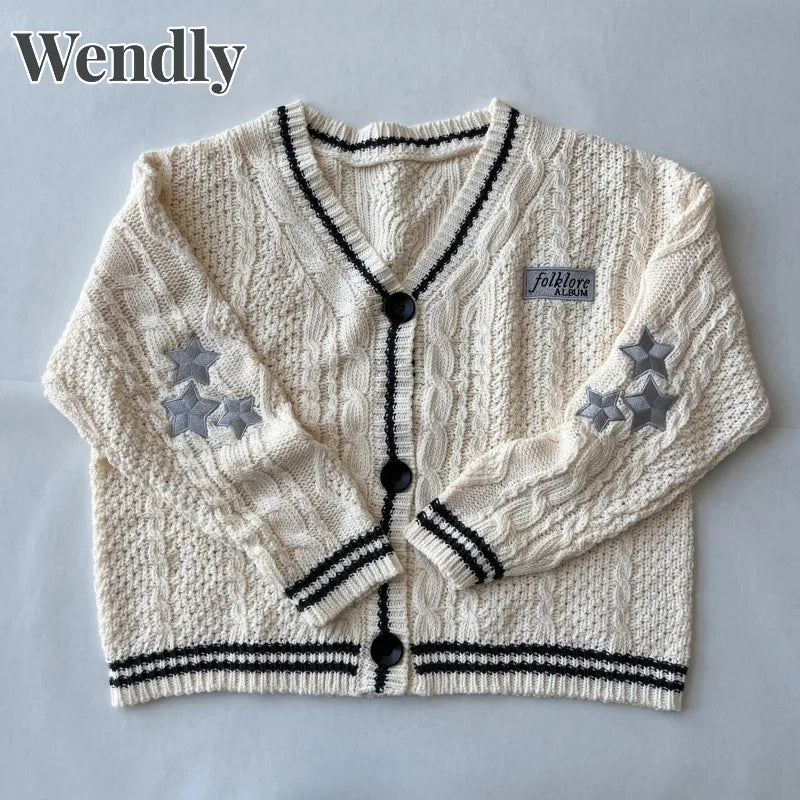 Strickjacke Damen Beige mit Sternen & Zopfmuster