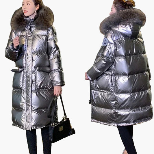 Damernas vinter quiltade kappa med huva och pälskrage, moderiktig lång parka för kalla dagar