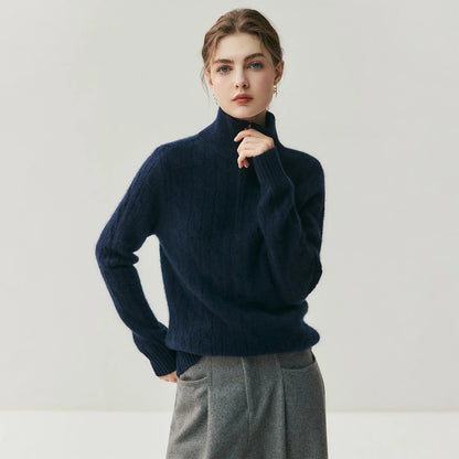 Damen Strickpullover mit Zopfmuster, Stehkragen und Reißverschluss