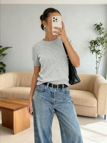 Damen Kurzarm Strickpullover Rundhals Weiches Material