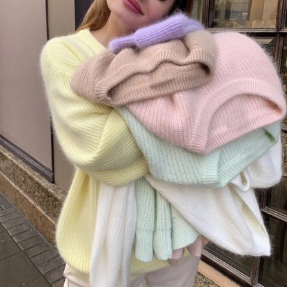 Damen Oversize Strickpullover Rundhals Rippstrick