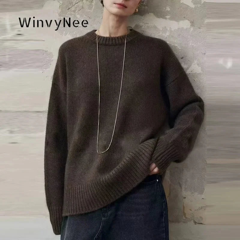 Pull oversize en maille pour femme à manches longues et col rond
