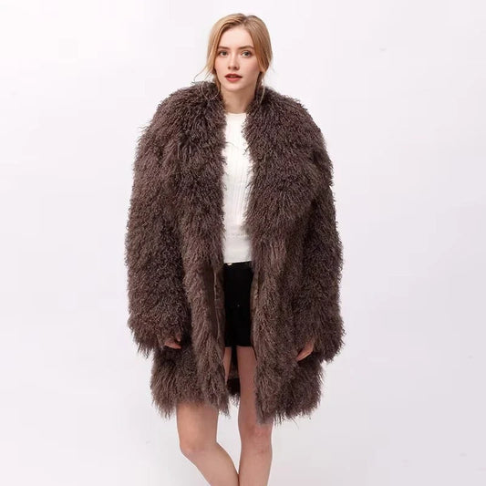Long manteau oversize pour femme en fausse fourrure bouclée, marron