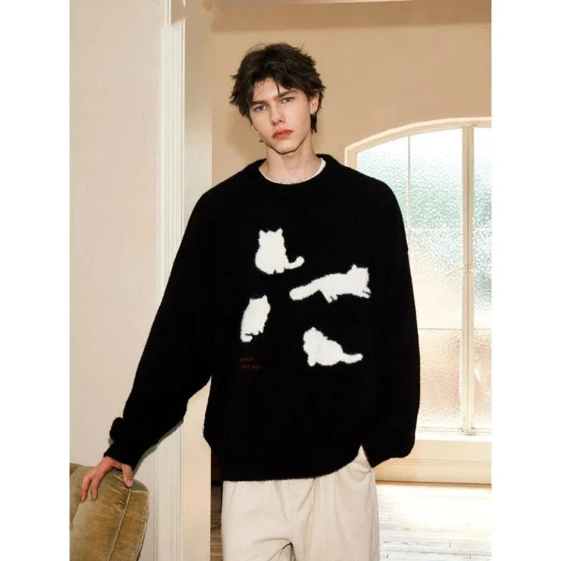 Unisex Pullover mit Katzen-Motiv, Rundhals, flauschig