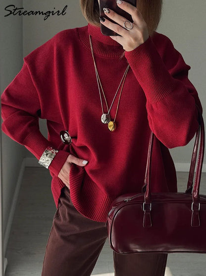 Dolcevita oversize da donna, maglione lavorato a maglia a maniche lunghe