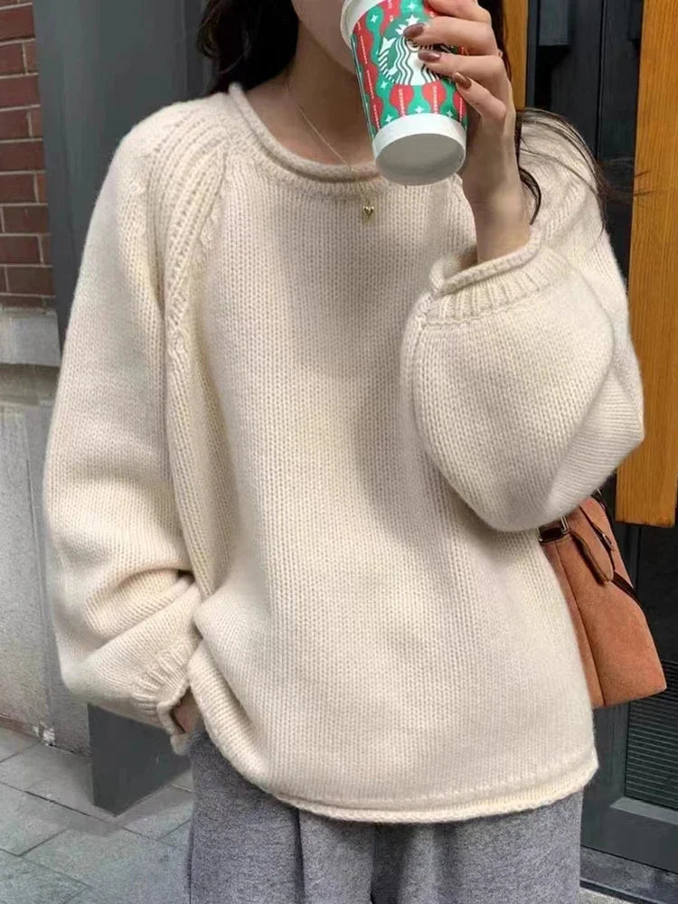 Pullover oversize da donna in maglia, a girocollo, a maniche lunghe