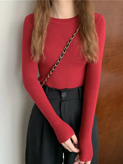 Pullover a maniche lunghe da donna, a coste, girocollo, top in vari colori
