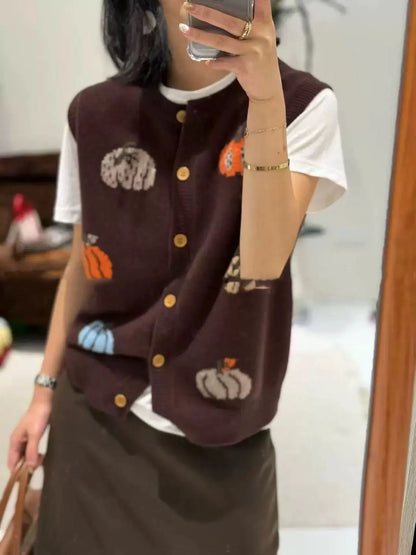 Damen Strickweste mit Kürbis-Motiven, ärmelloser Cardigan mit Knöpfen