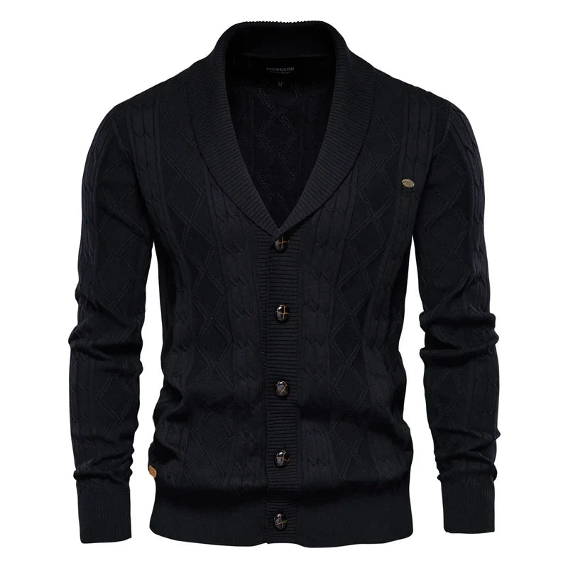 Cardigan da uomo in maglia con collo a scialle e motivo a rombi, abbottonatura e maniche lunghe