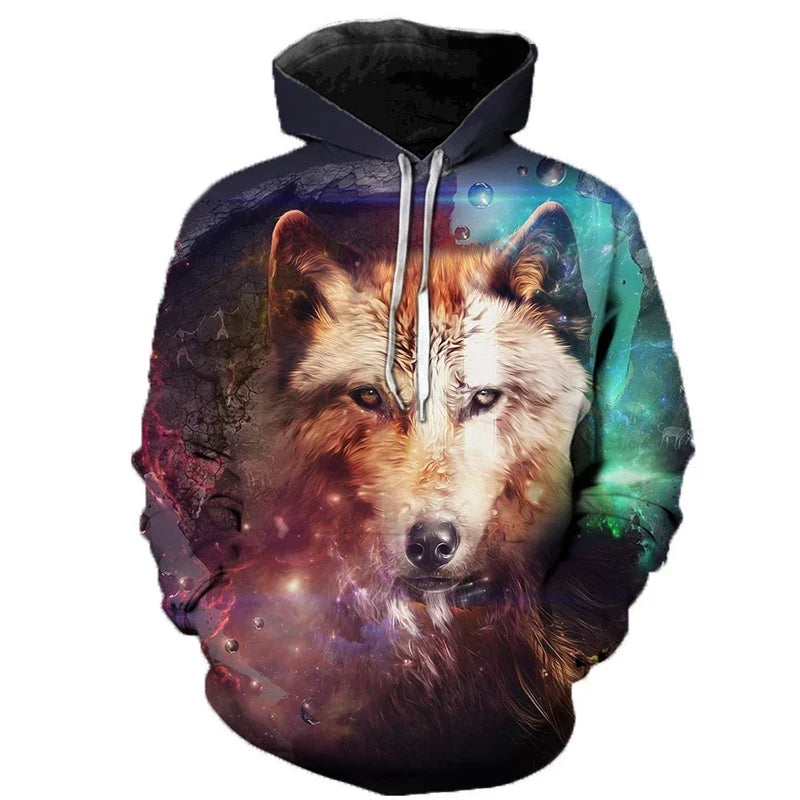 Hoodie mit Wolf Motiv 3D-Druck, Kapuzenpullover mit Kordelzug, Langarm