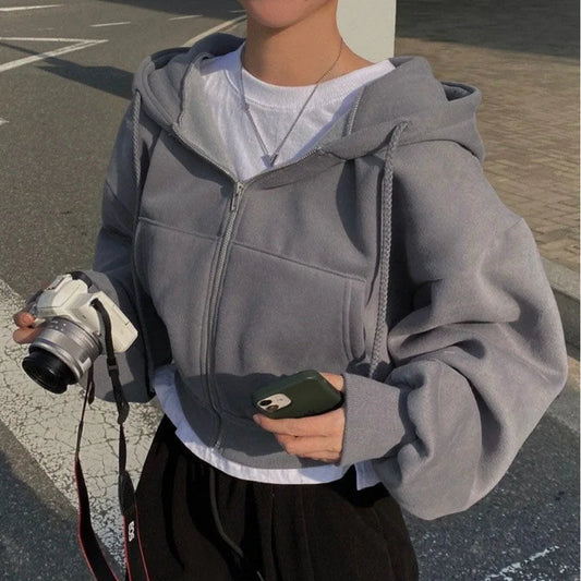 Kurzer Damen Hoodie mit Reißverschluss und Kapuze Grau