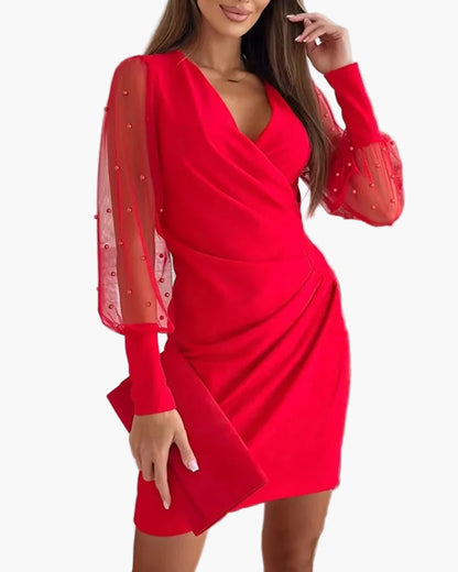 Elegante abito da cocktail da donna con maniche trasparenti ed effetto incrociato – Perfetto per feste e party