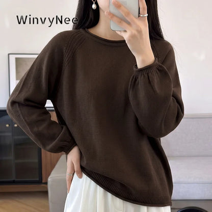 Damen Pullover Rundhalsausschnitt Langarm Strickpullover