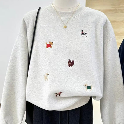 Sweat-shirt unisexe à col rond avec broderie de motifs de chiens