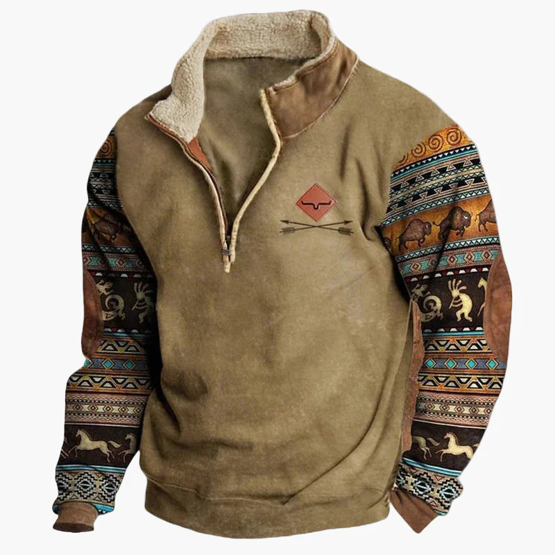 Herren Pullover im Western Ethno-Stil mit Viertelreißverschluss – Perfekt für Freizeit und Outdoor