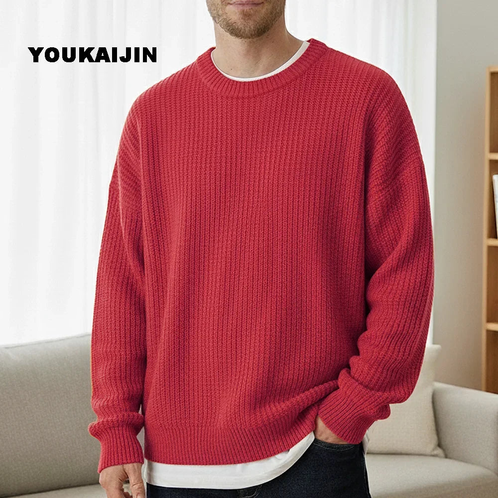 Pullover da uomo in maglia, girocollo, maglia grossa, tinta unita