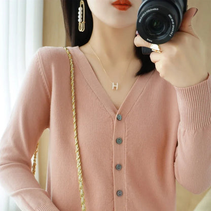 Damen Strickjacke V-Ausschnitt Knopfleiste Langarm Cardigan