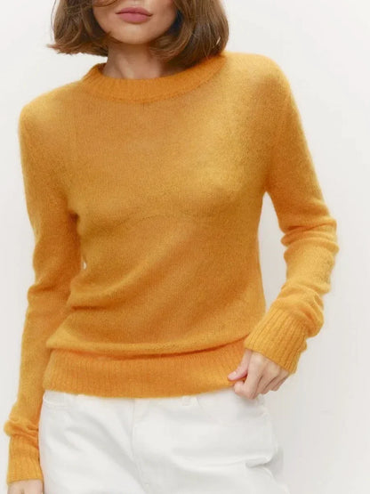 Pull transparent pour femme, col rond, manches longues, en maille