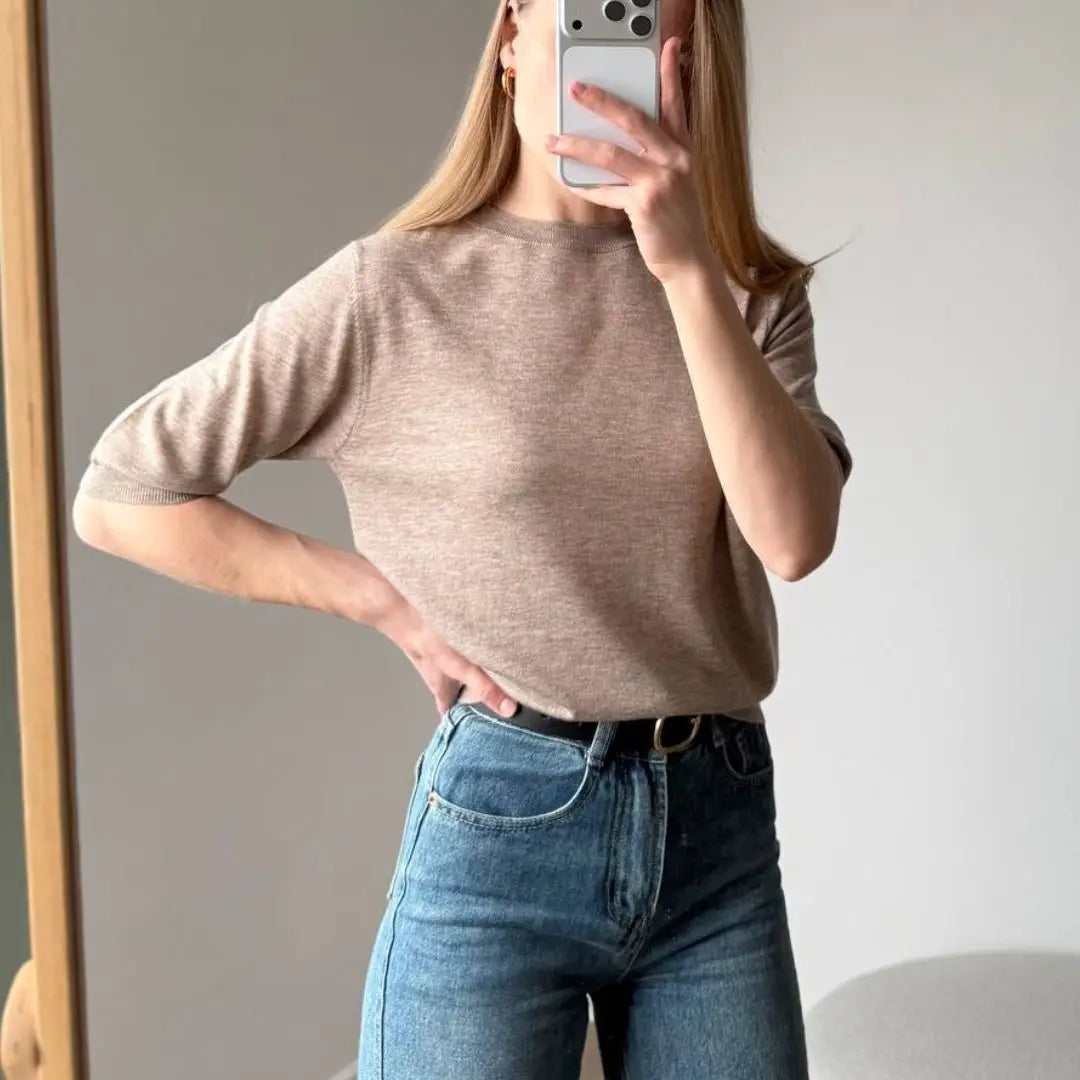 Damen Kurzarm Strickpullover Rundhals Rippbündchen