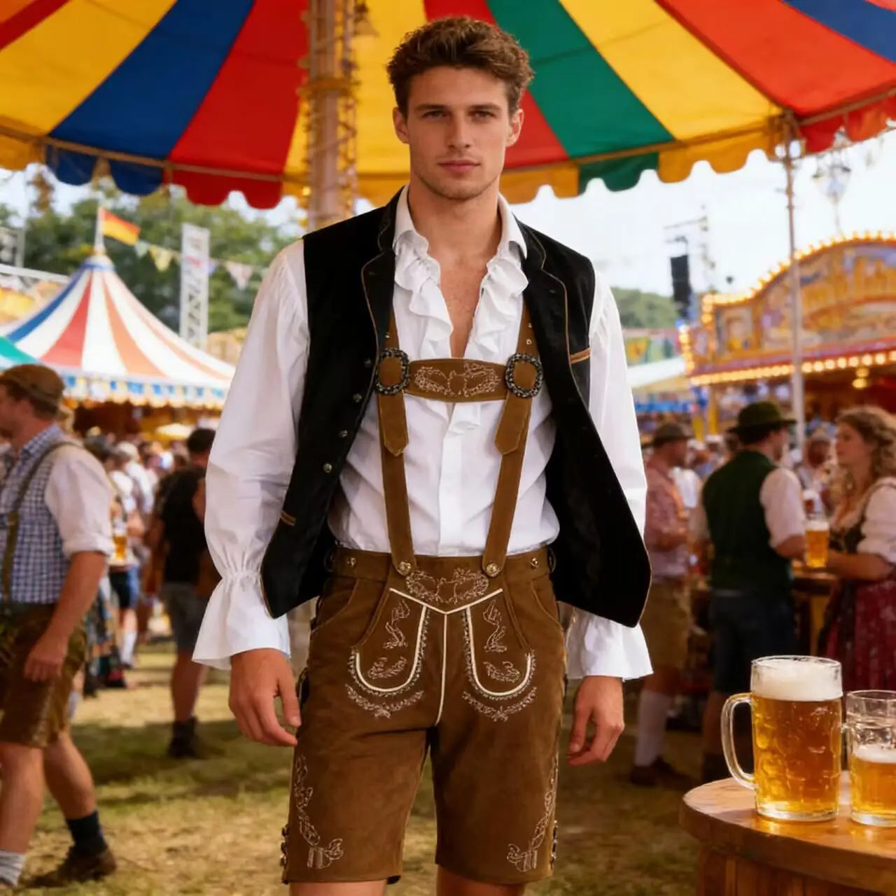 Ensemble pour homme composé d’une chemise traditionnelle à volants, d’un gilet traditionnel en velours et d’un pantalon en cuir