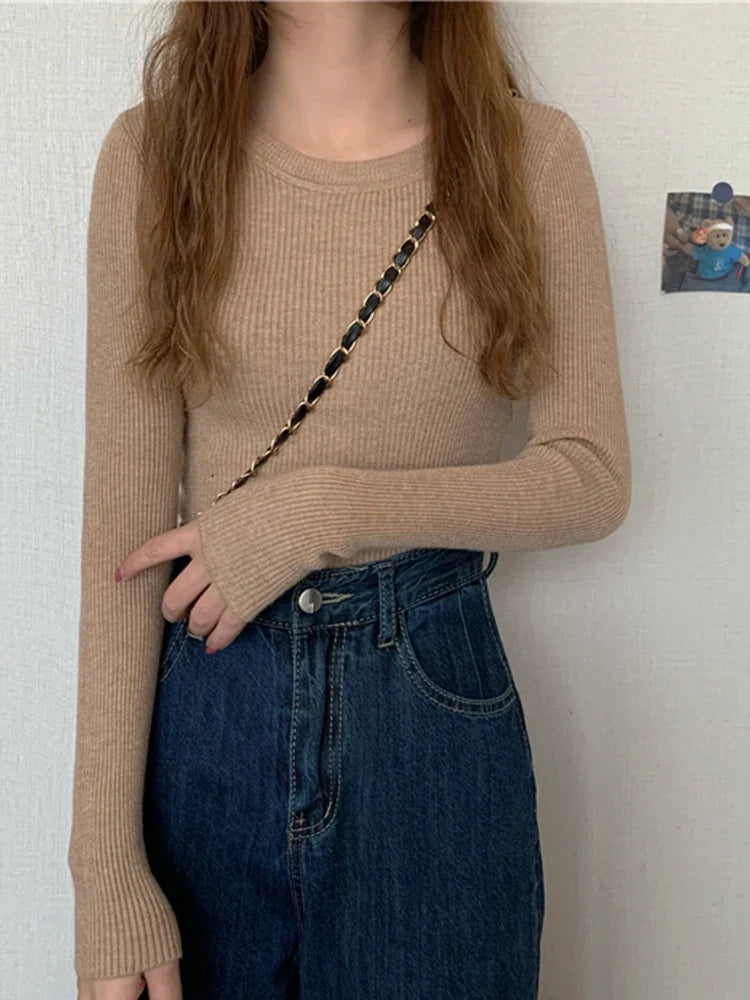 Pullover a maniche lunghe da donna, a coste, girocollo, top in vari colori