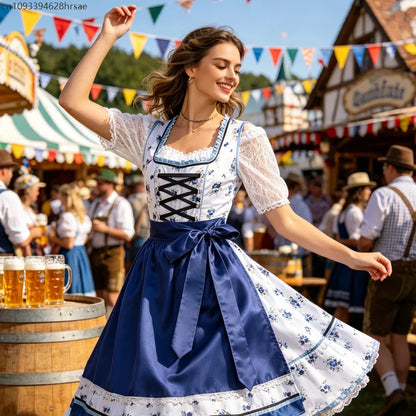 Dirndl til dame, tradisjonelt blomstermønster, blått og hvittketøy
