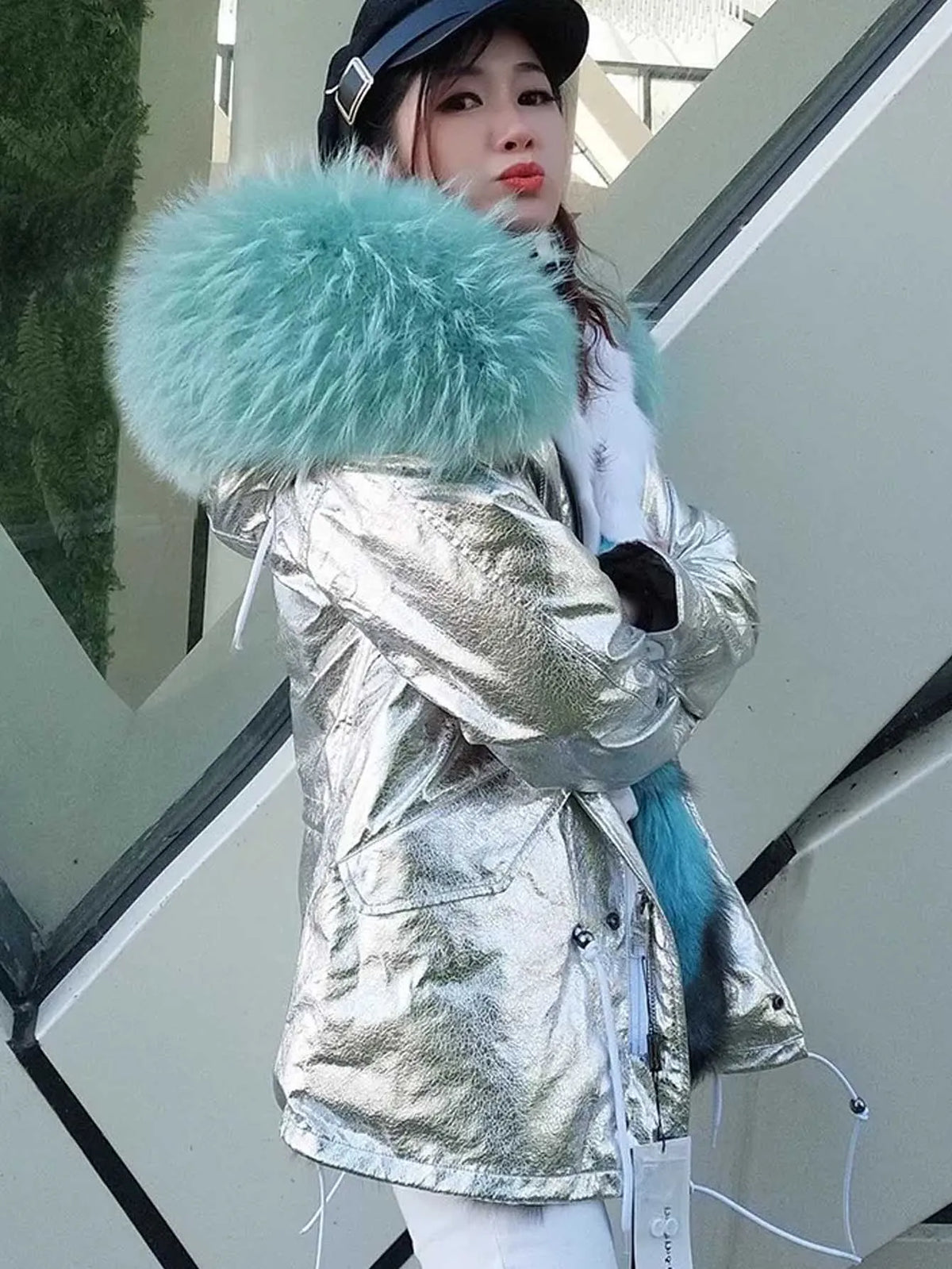 Parka de invierno para mujer con ribete de piel sintética extraíble, chaqueta cálida