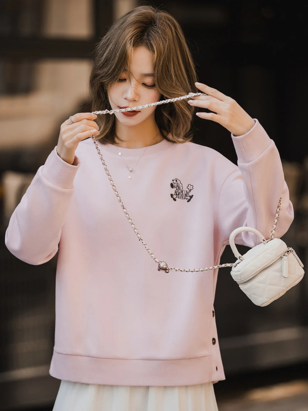 Sweat-shirt pour femme à col rond, broderie zèbre et boutons latéraux