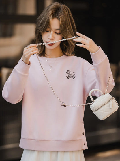 Sweat-shirt pour femme à col rond, broderie zèbre et boutons latéraux