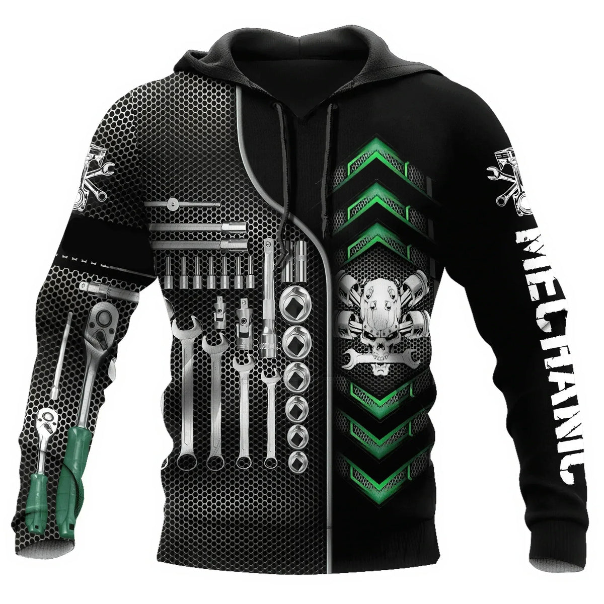 Herren Kapuzenpullover Mechanic Maschinenmotiv Hoodie Schwarz Grau